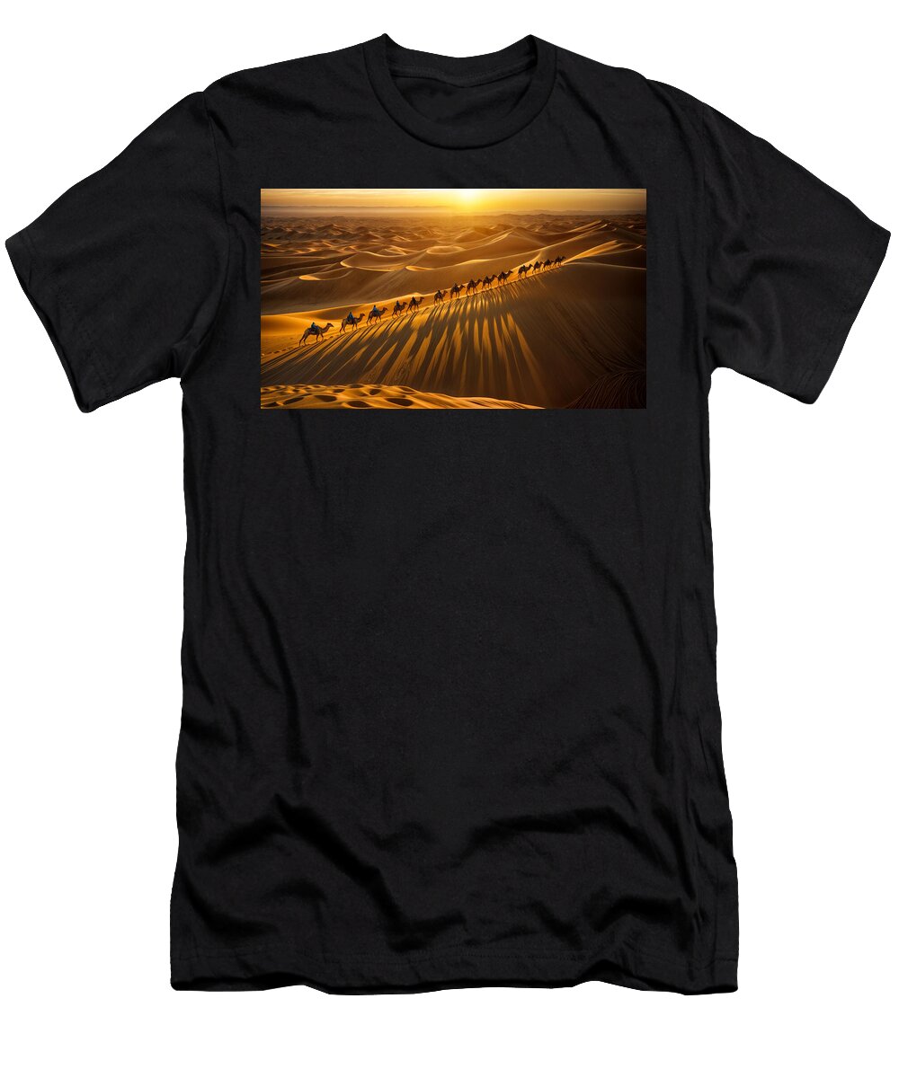 A Caravan of Camels Travels Across Vast Golden Sand Dunes Mango Art T-Shirt