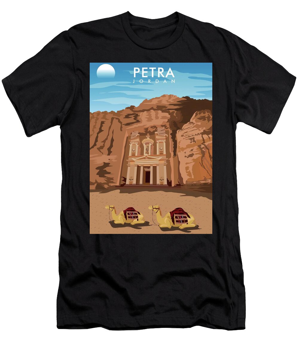 Petra with Camels Petra Jordan Design Poster Travel Poster Art Print T-Shirt