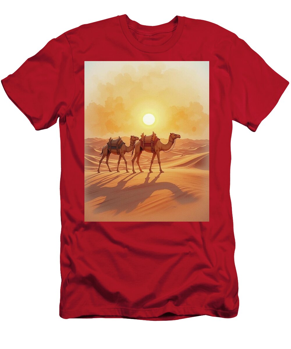 Under the Blazing Sun Camels on Golden Sands Mounir Khalfouf T-Shirt